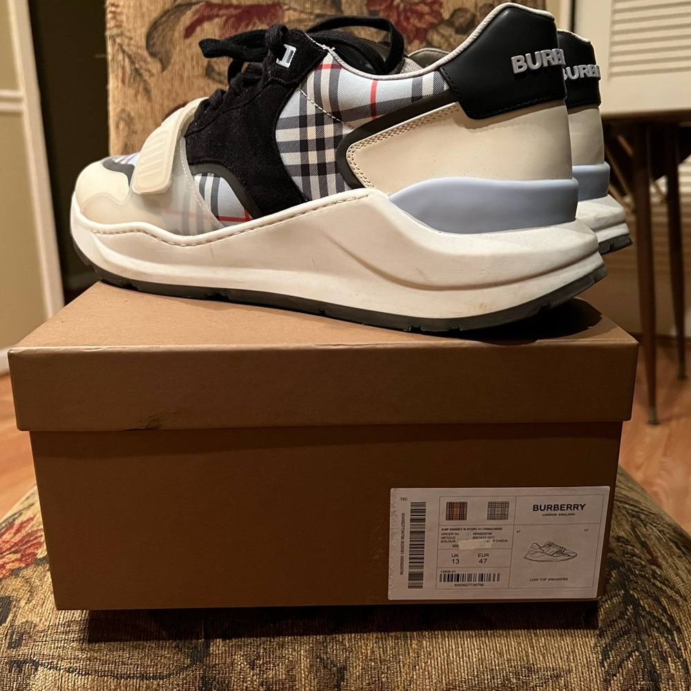 BURBERRY RAMSEY PALE BLUE CHECK CANVAS SUEDE LOGO STRAP SNEAKERS